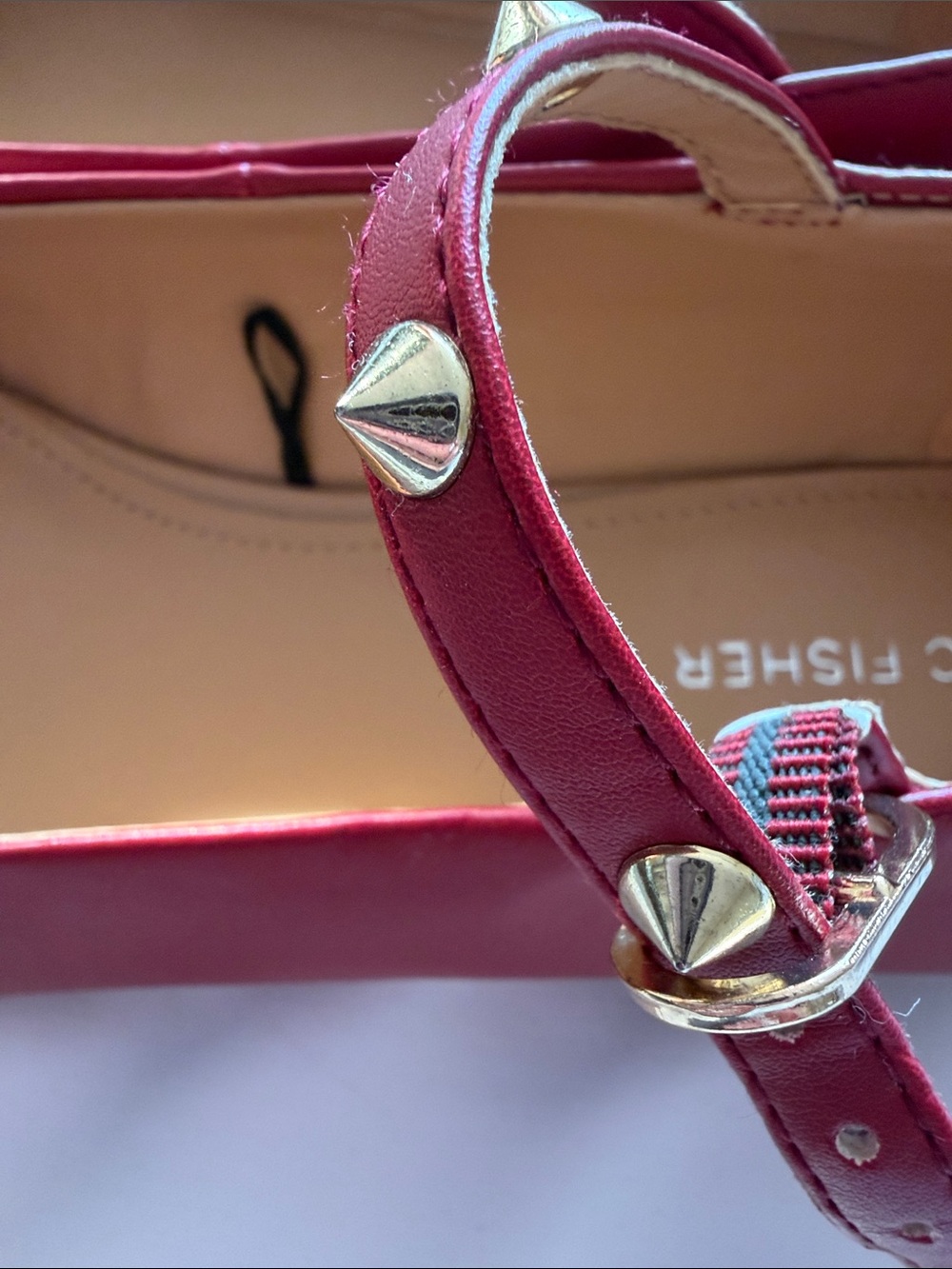 Marc Fisher Red Pointed Leather Flats with Gold Studded Ankle Straps - Picture 6 of 6